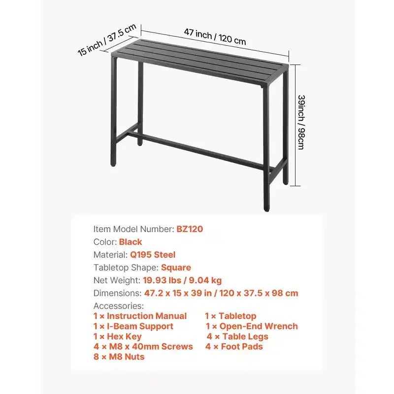 Table de bar d'extérieur VEVOR, table de bar de patio de 120 x 38 cm, plateau étanche et cadre métallique robuste, tables de salle à manger rectangulaires hauteur comptoir, noir