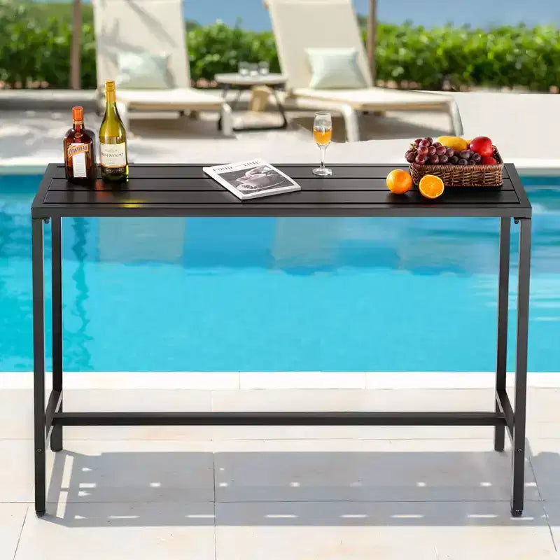 VEVOR Table de bar extérieure, table de bar de patio 140 x 38 cm, plateau étanche et cadre métallique robuste, tables de salle à manger rectangulaires hauteur comptoir, noir