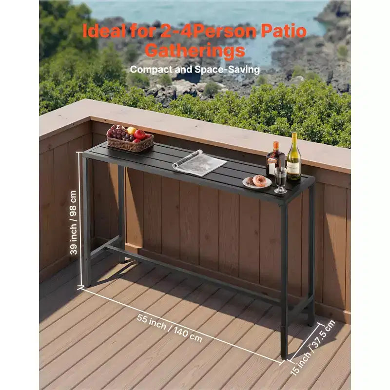 VEVOR Table de bar extérieure, table de bar de patio 140 x 38 cm, plateau étanche et cadre métallique robuste, tables de salle à manger rectangulaires hauteur comptoir, noir