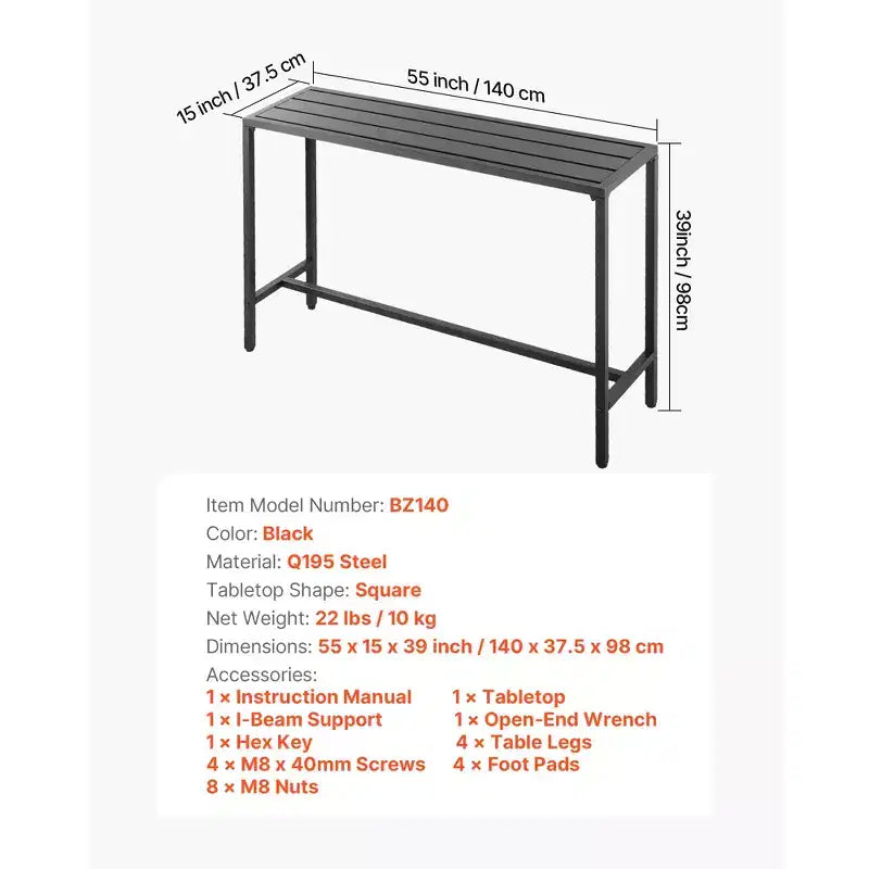 VEVOR Table de bar extérieure, table de bar de patio 140 x 38 cm, plateau étanche et cadre métallique robuste, tables de salle à manger rectangulaires hauteur comptoir, noir
