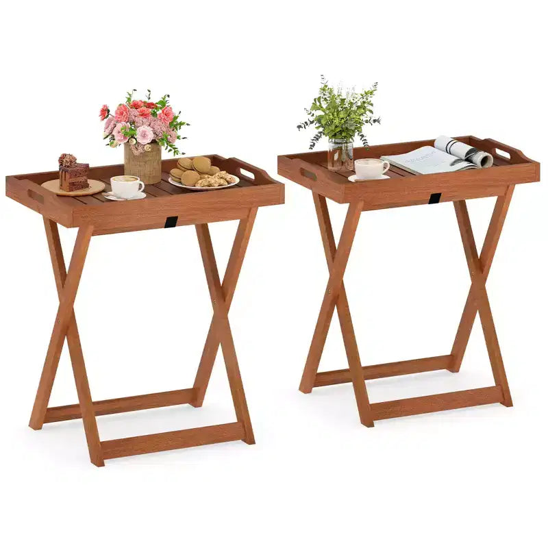 Costway Solid Wood Tray Table Set of 2 w/Removable Top Rectangular TV Tray Bistro Table
