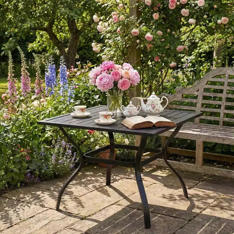 Table de salle à manger de patio à lattes en acier inoxydable, table de bistrot carrée de jardin, mobilier d'extérieur