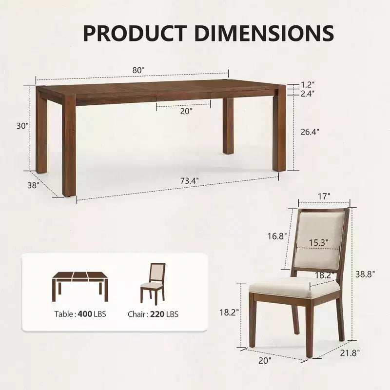 Ensemble de salle à manger moderne - Table 80" + 6 chaises rembourrées, cadre en bois massif, capacité de la table 400lbs, assemblage facile