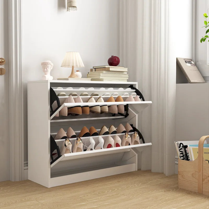 Meuble à chaussures 2 niveaux avec tiroirs pour entrée, chambre, meuble à chaussures avec portes basculantes