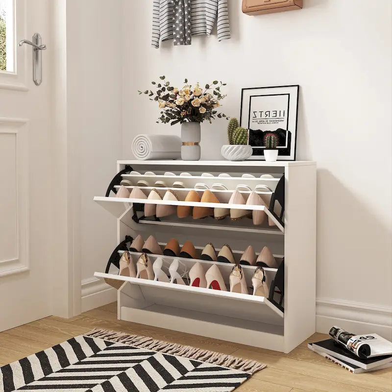 Meuble à chaussures 2 niveaux avec tiroirs pour entrée, chambre, meuble à chaussures avec portes basculantes