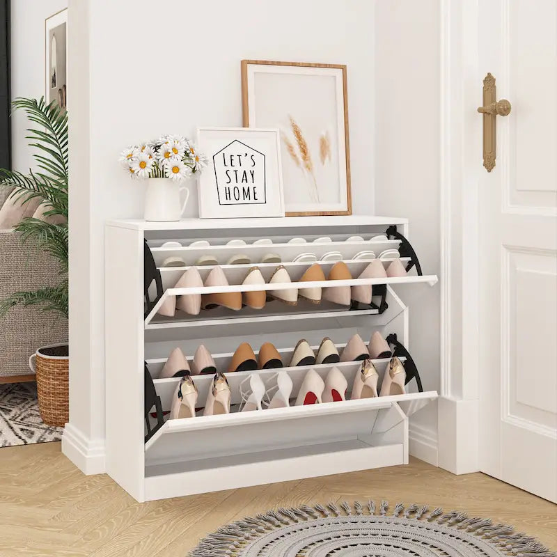 Meuble à chaussures 2 niveaux avec tiroirs pour entrée, chambre, meuble à chaussures avec portes basculantes