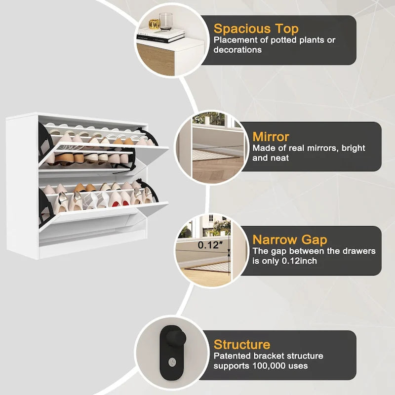 Meuble à chaussures 2 niveaux avec tiroirs pour entrée, chambre, meuble à chaussures avec portes basculantes