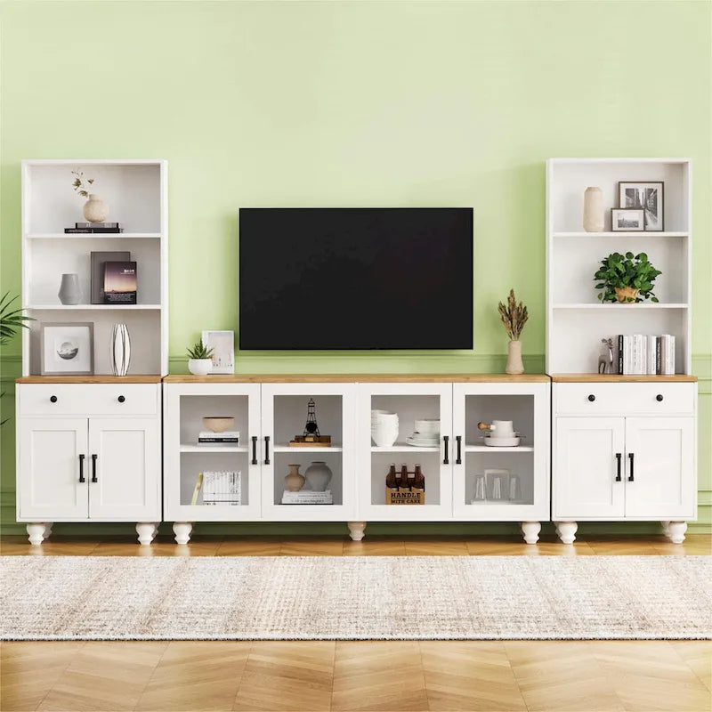 Meuble TV avec pieds en forme de gourde pour téléviseurs jusqu'à 70 pouces, meuble multimédia avec étagères et portes en verre, étagères réglables