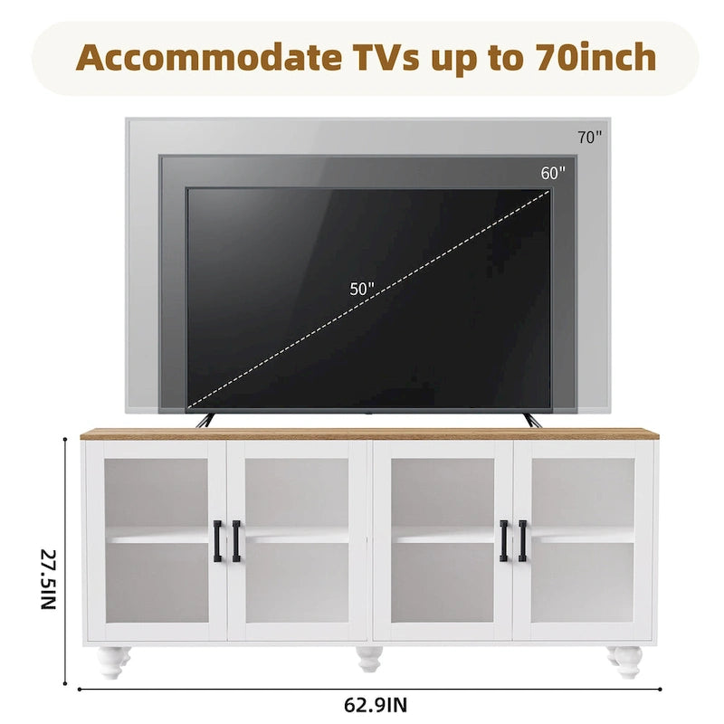 Meuble TV avec pieds en forme de gourde pour téléviseurs jusqu'à 70 pouces, meuble multimédia avec étagères et portes en verre, étagères réglables