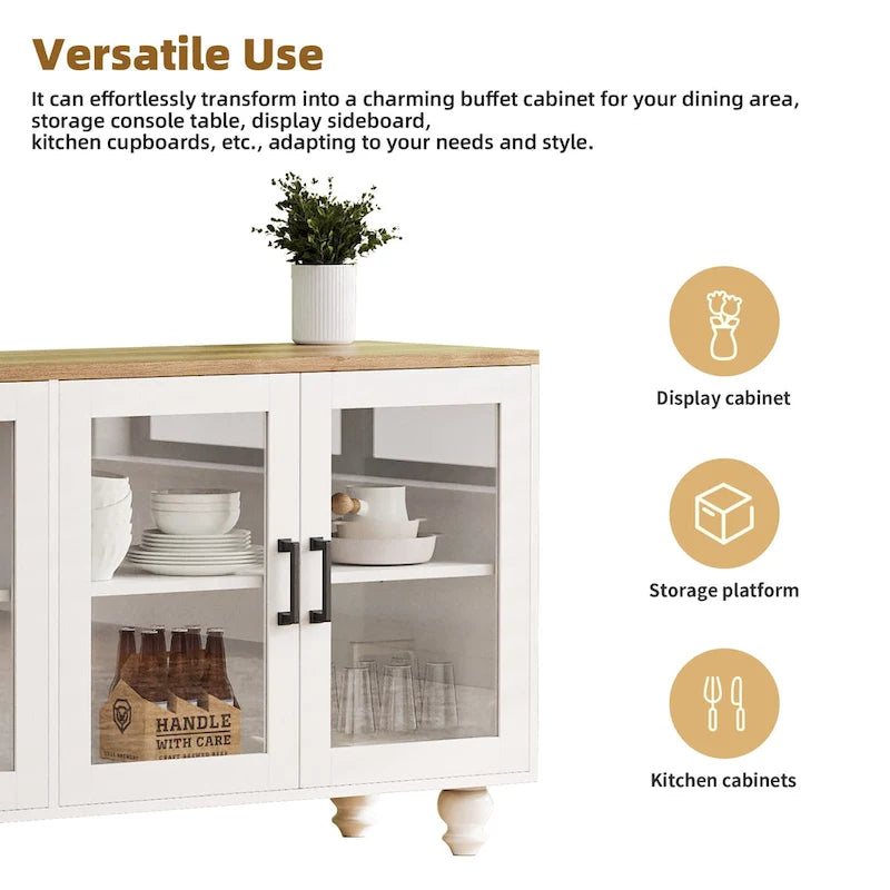Meuble TV avec pieds en forme de gourde pour téléviseurs jusqu'à 70 pouces, meuble multimédia avec étagères et portes en verre, étagères réglables
