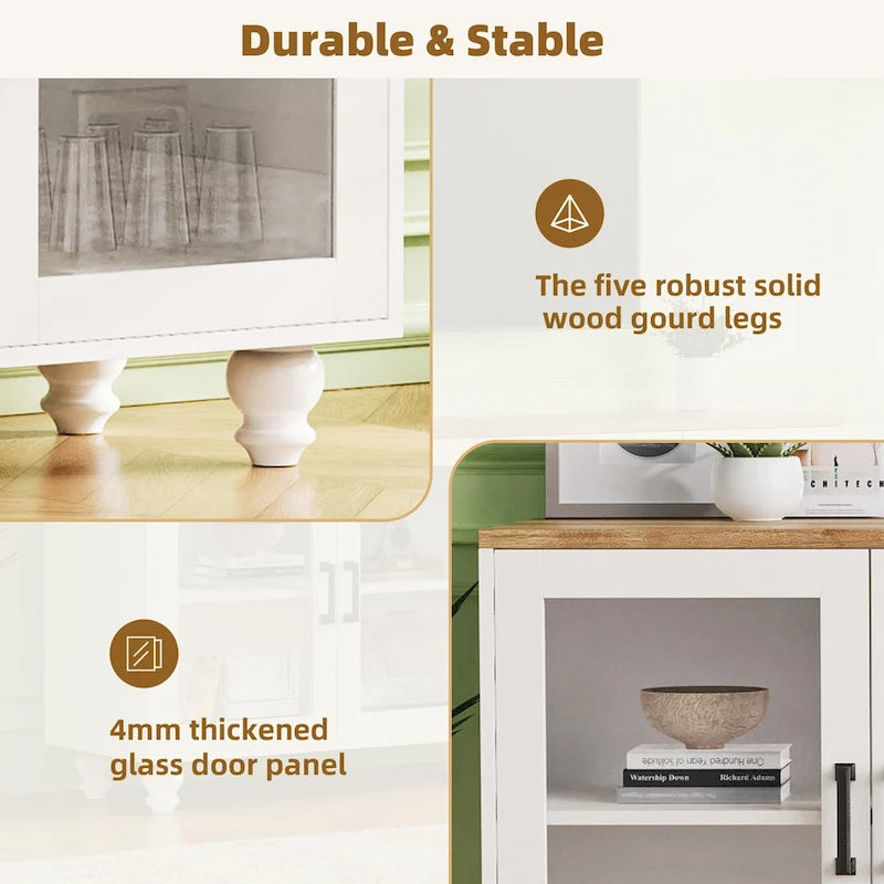 Meuble TV avec pieds en forme de gourde pour téléviseurs jusqu'à 70 pouces, meuble multimédia avec étagères et portes en verre, étagères réglables