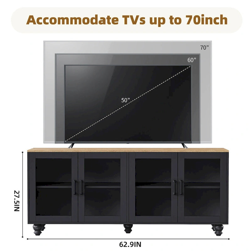 Meuble TV avec pieds en forme de gourde pour téléviseurs jusqu'à 70 pouces, meuble multimédia avec étagères et portes en verre, étagères réglables