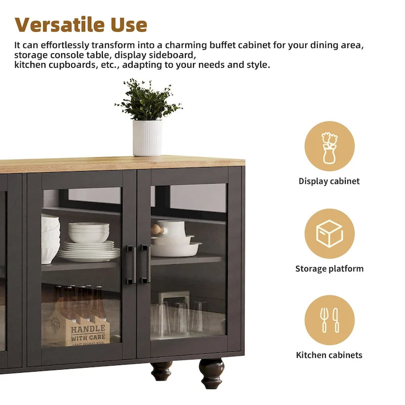 Meuble TV avec pieds en forme de gourde pour téléviseurs jusqu'à 70 pouces, meuble multimédia avec étagères et portes en verre, étagères réglables
