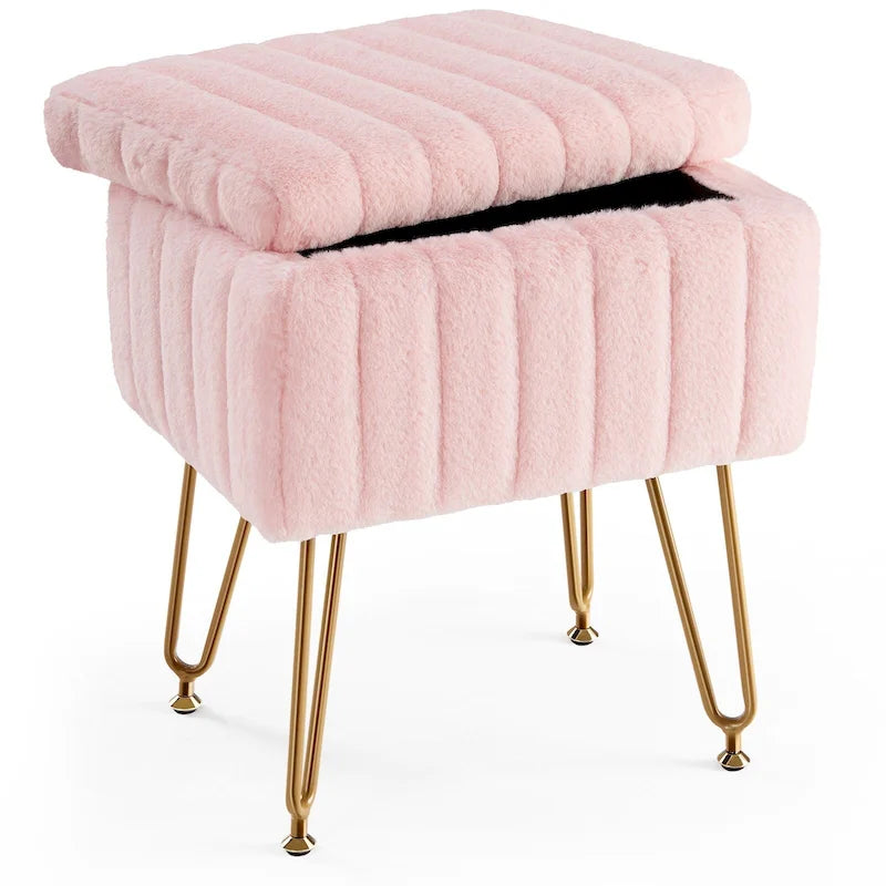 Chaise tabouret de coiffeuse avec rangement, pouf en fausse fourrure douce et rembourrée, siège repose-pieds de maquillage avec 4 pieds métalliques antidérapants et réglables
