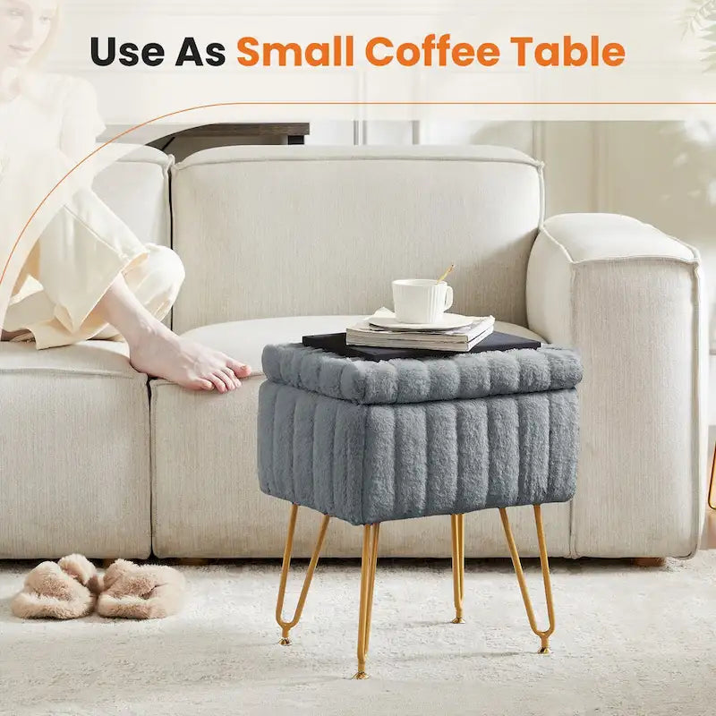 Chaise tabouret de coiffeuse avec rangement, pouf en fausse fourrure douce et rembourrée, siège repose-pieds de maquillage avec 4 pieds métalliques antidérapants et réglables