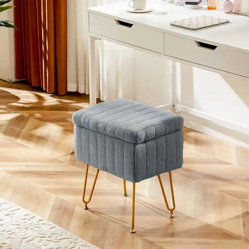 Chaise tabouret de coiffeuse avec rangement, pouf en fausse fourrure douce et rembourrée, siège repose-pieds de maquillage avec 4 pieds métalliques antidérapants et réglables