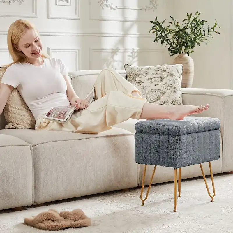 Chaise tabouret de coiffeuse avec rangement, pouf en fausse fourrure douce et rembourrée, siège repose-pieds de maquillage avec 4 pieds métalliques antidérapants et réglables