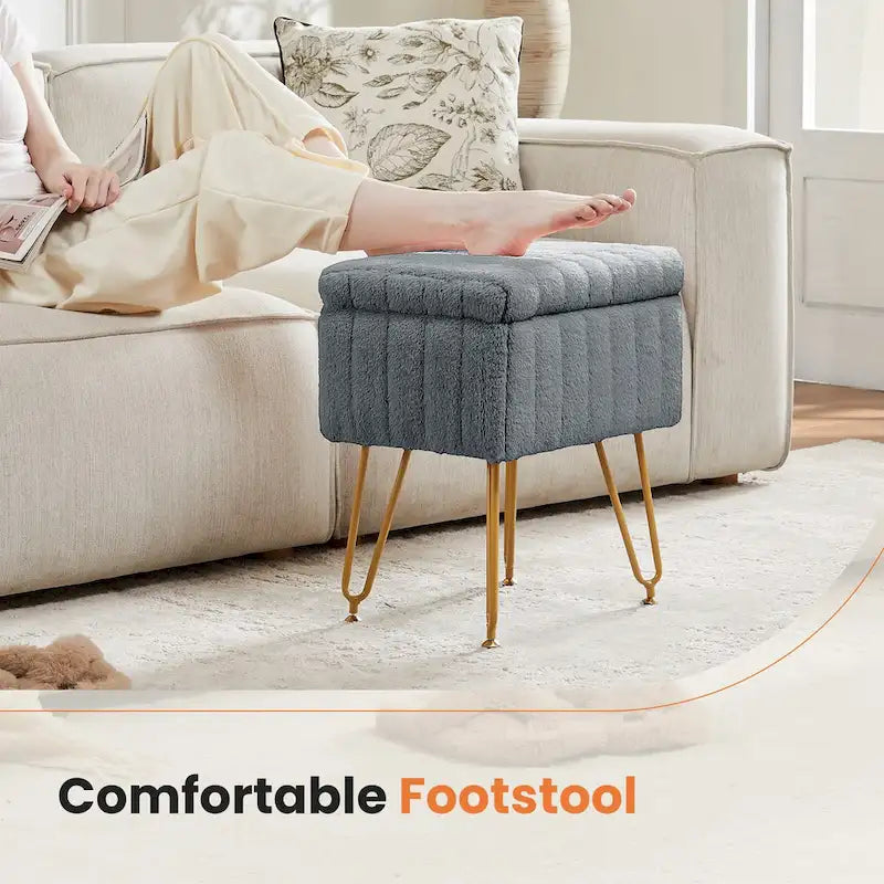 Chaise tabouret de coiffeuse avec rangement, pouf en fausse fourrure douce et rembourrée, siège repose-pieds de maquillage avec 4 pieds métalliques antidérapants et réglables