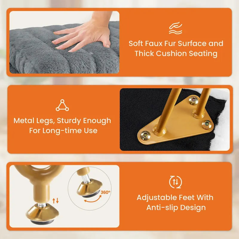 Chaise tabouret de coiffeuse avec rangement, pouf en fausse fourrure douce et rembourrée, siège repose-pieds de maquillage avec 4 pieds métalliques antidérapants et réglables