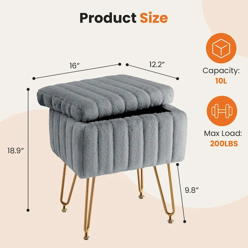 Chaise tabouret de coiffeuse avec rangement, pouf en fausse fourrure douce et rembourrée, siège repose-pieds de maquillage avec 4 pieds métalliques antidérapants et réglables