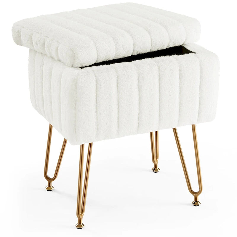 Chaise tabouret de coiffeuse avec rangement, pouf en fausse fourrure douce et rembourrée, siège repose-pieds de maquillage avec 4 pieds métalliques antidérapants et réglables
