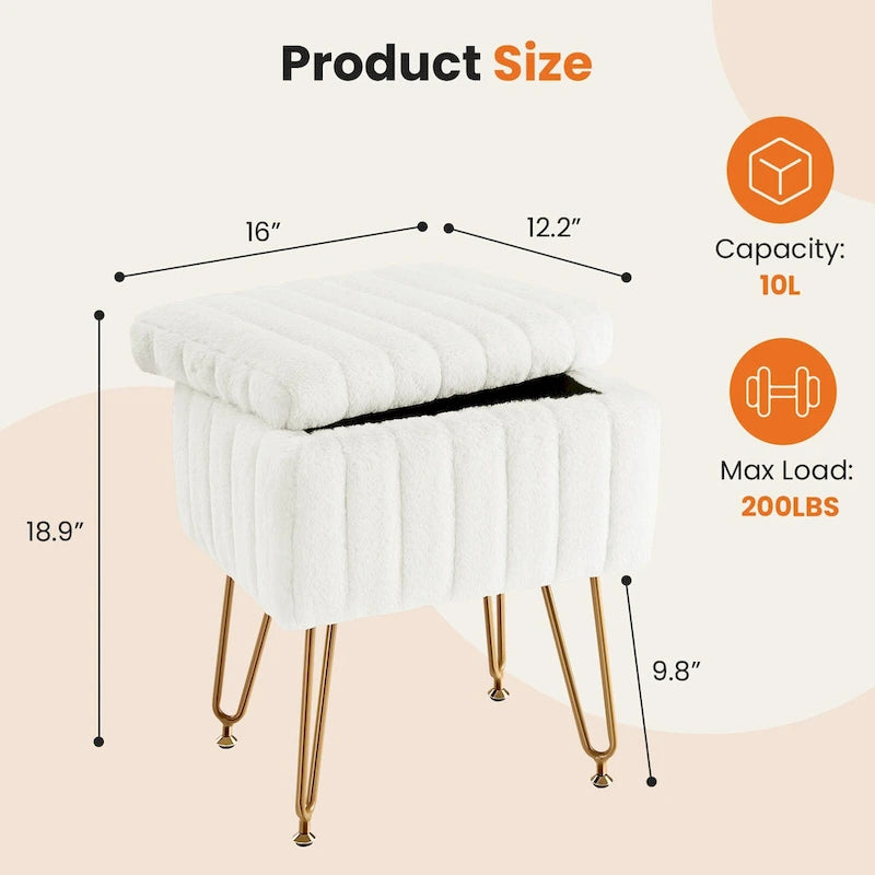 Chaise tabouret de coiffeuse avec rangement, pouf en fausse fourrure douce et rembourrée, siège repose-pieds de maquillage avec 4 pieds métalliques antidérapants et réglables