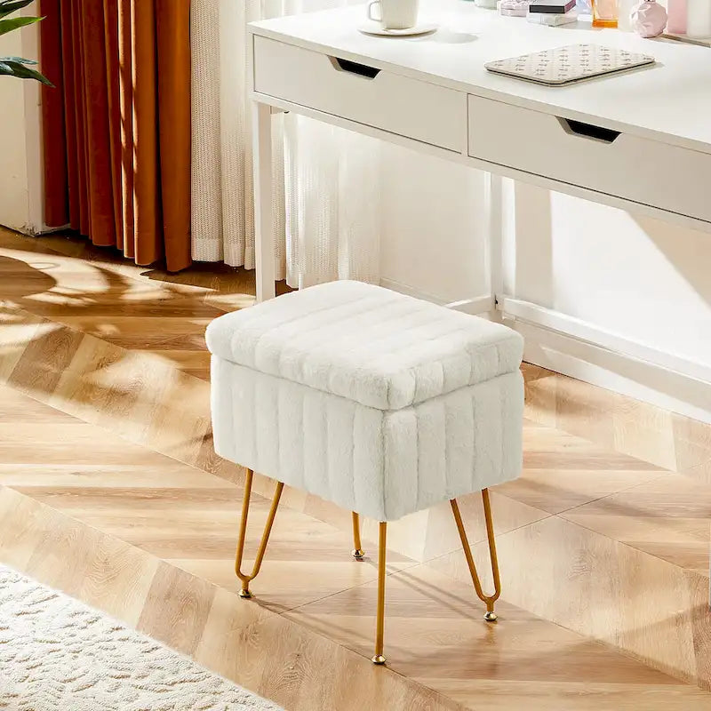 Chaise tabouret de coiffeuse avec rangement, pouf en fausse fourrure douce et rembourrée, siège repose-pieds de maquillage avec 4 pieds métalliques antidérapants et réglables