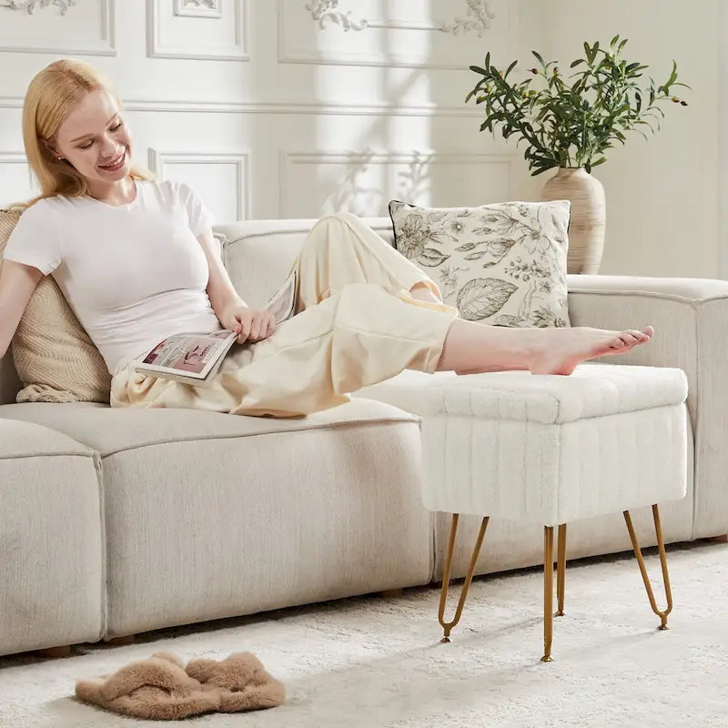 Chaise tabouret de coiffeuse avec rangement, pouf en fausse fourrure douce et rembourrée, siège repose-pieds de maquillage avec 4 pieds métalliques antidérapants et réglables