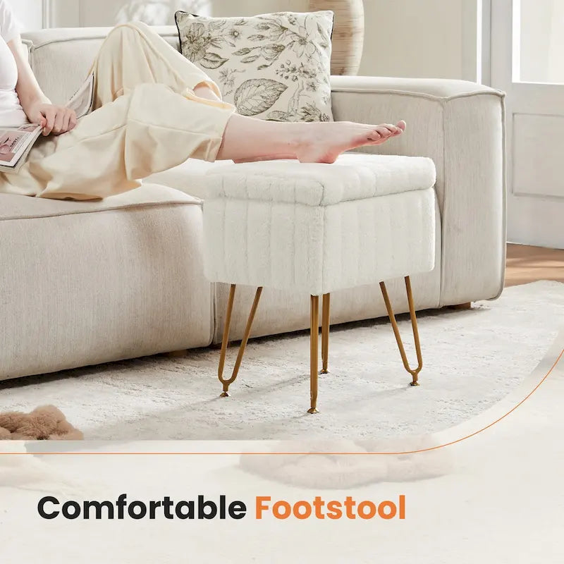 Chaise tabouret de coiffeuse avec rangement, pouf en fausse fourrure douce et rembourrée, siège repose-pieds de maquillage avec 4 pieds métalliques antidérapants et réglables