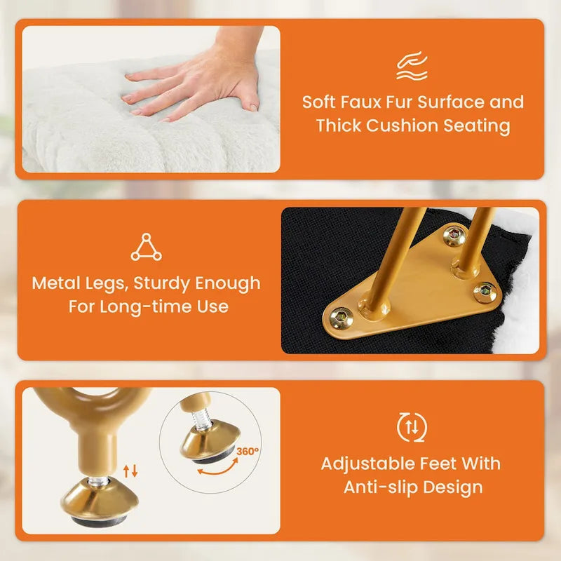 Chaise tabouret de coiffeuse avec rangement, pouf en fausse fourrure douce et rembourrée, siège repose-pieds de maquillage avec 4 pieds métalliques antidérapants et réglables