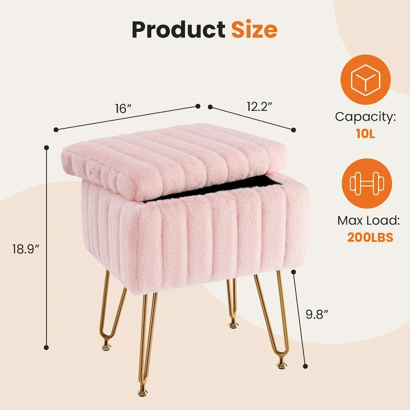 Chaise tabouret de coiffeuse avec rangement, pouf en fausse fourrure douce et rembourrée, siège repose-pieds de maquillage avec 4 pieds métalliques antidérapants et réglables
