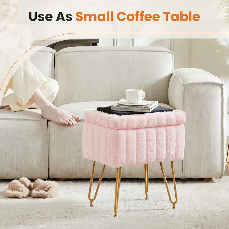 Chaise tabouret de coiffeuse avec rangement, pouf en fausse fourrure douce et rembourrée, siège repose-pieds de maquillage avec 4 pieds métalliques antidérapants et réglables