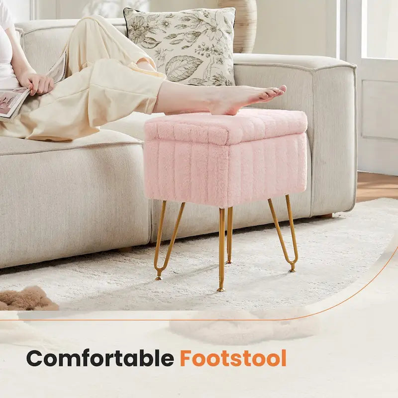 Chaise tabouret de coiffeuse avec rangement, pouf en fausse fourrure douce et rembourrée, siège repose-pieds de maquillage avec 4 pieds métalliques antidérapants et réglables