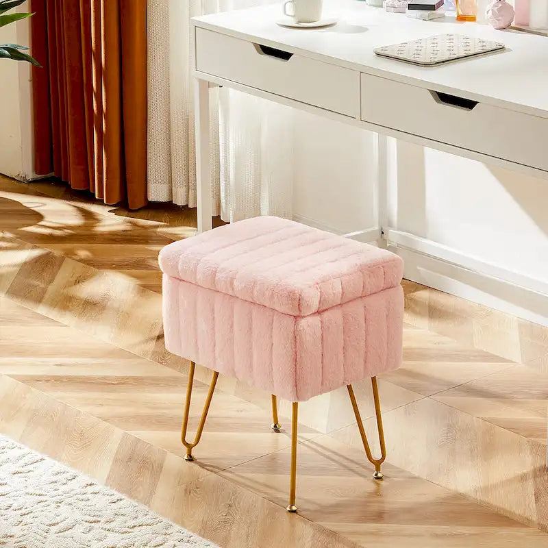 Chaise tabouret de coiffeuse avec rangement, pouf en fausse fourrure douce et rembourrée, siège repose-pieds de maquillage avec 4 pieds métalliques antidérapants et réglables