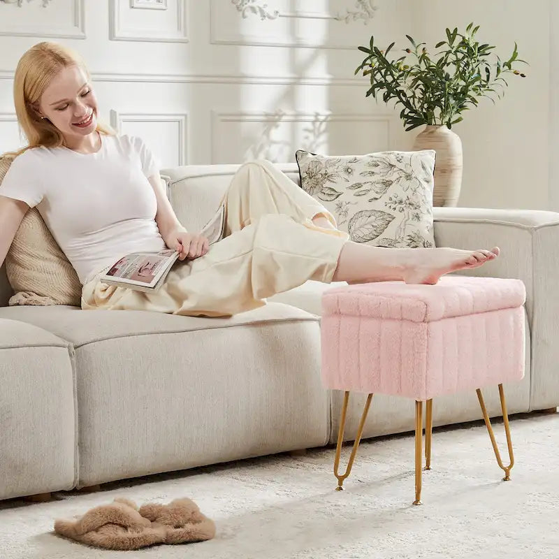 Chaise tabouret de coiffeuse avec rangement, pouf en fausse fourrure douce et rembourrée, siège repose-pieds de maquillage avec 4 pieds métalliques antidérapants et réglables