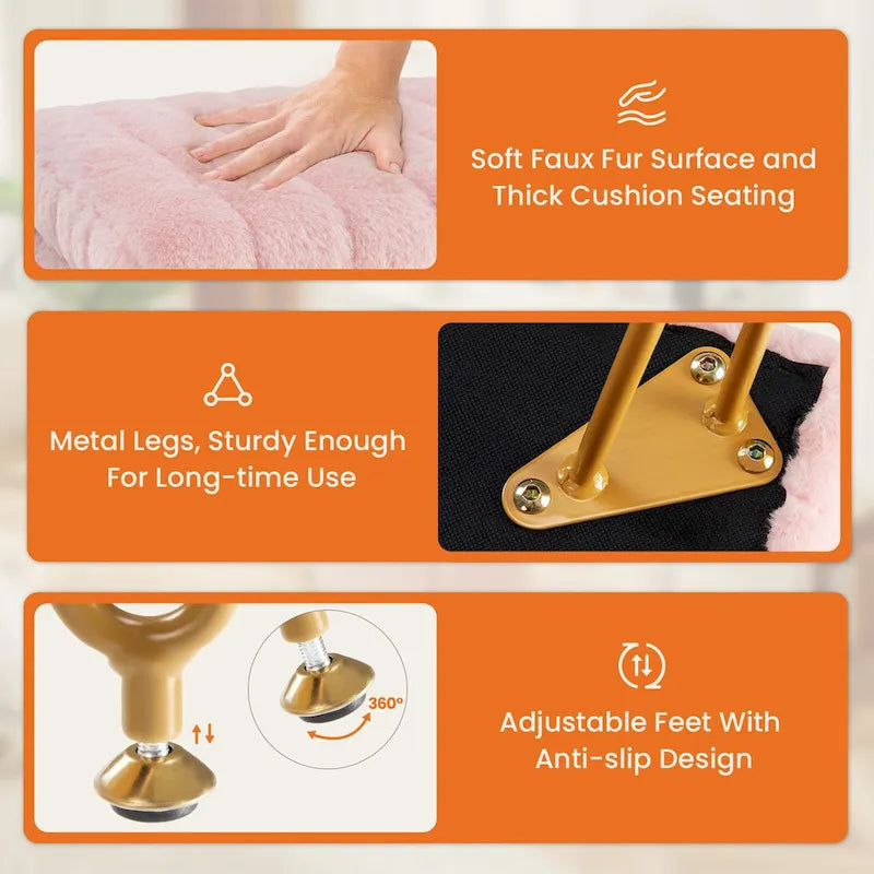 Chaise tabouret de coiffeuse avec rangement, pouf en fausse fourrure douce et rembourrée, siège repose-pieds de maquillage avec 4 pieds métalliques antidérapants et réglables