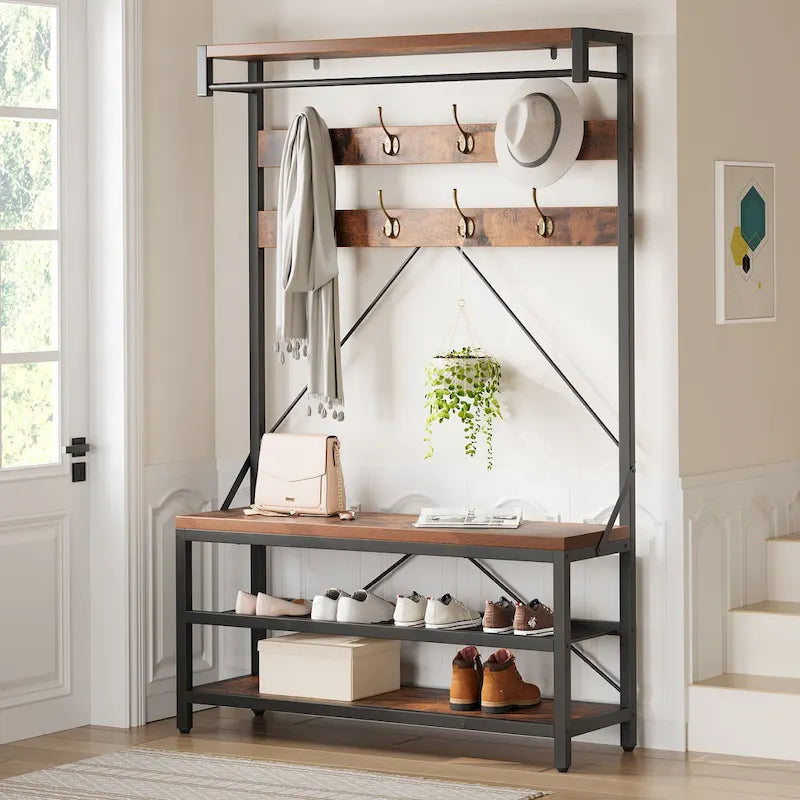 Industrial Storage Shoe Bench, 72 Mudroom Hall Tree with 8 Hanging Hooks