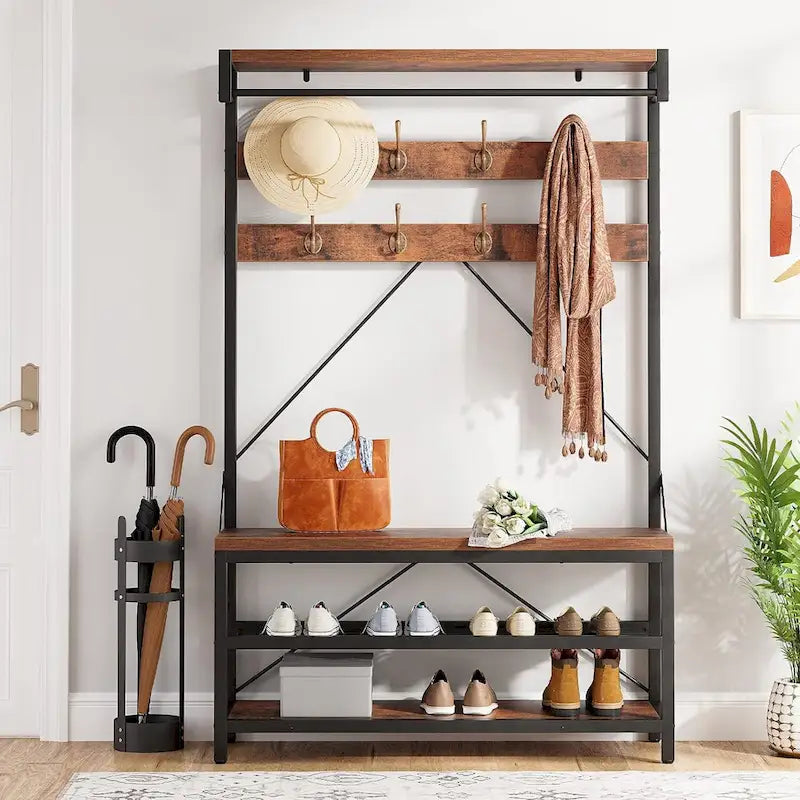 Banc à chaussures de rangement industriel, porte-manteau d'entrée 72 avec 8 crochets