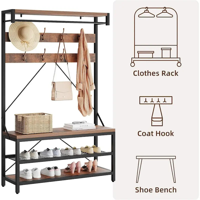 Banc à chaussures de rangement industriel, porte-manteau d'entrée 72 avec 8 crochets