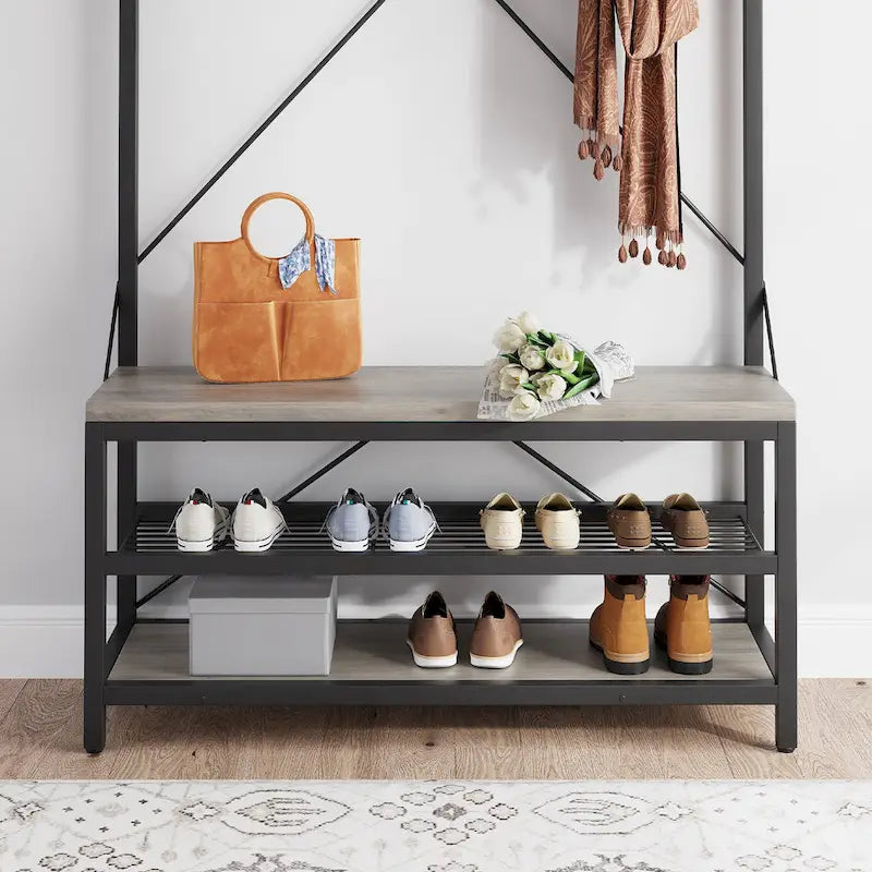 Banc à chaussures de rangement industriel, porte-manteau d'entrée 72 avec 8 crochets