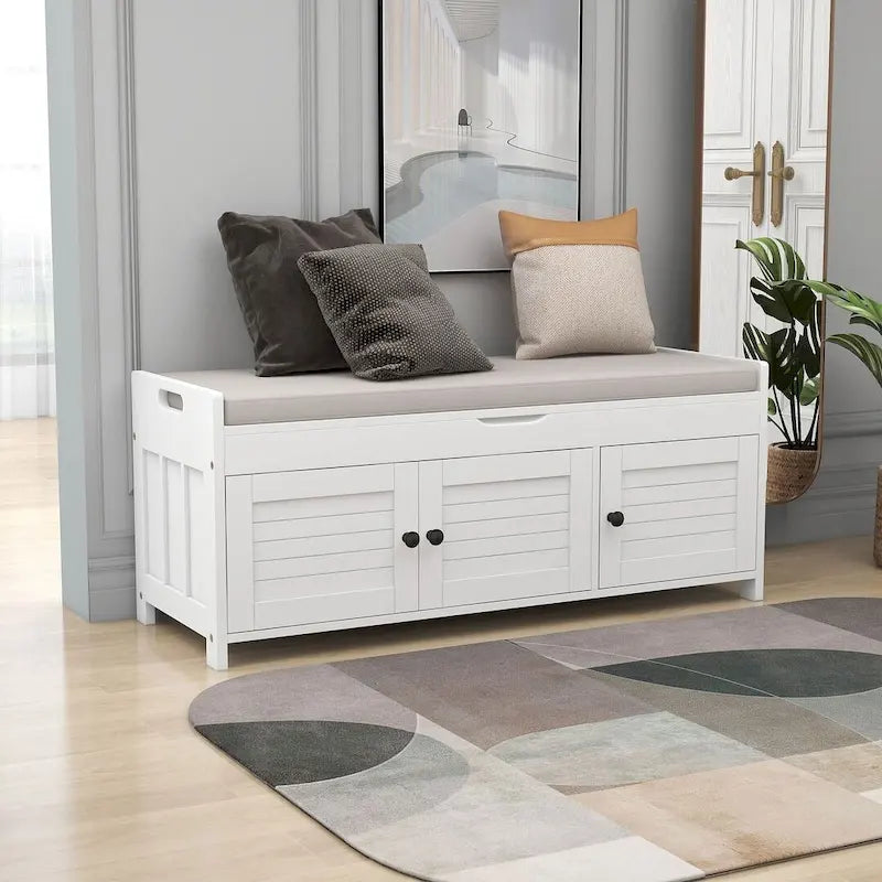 Banc à chaussures rembourré 3 portes de style rustique avec coussin amovible et espace de rangement dissimulé