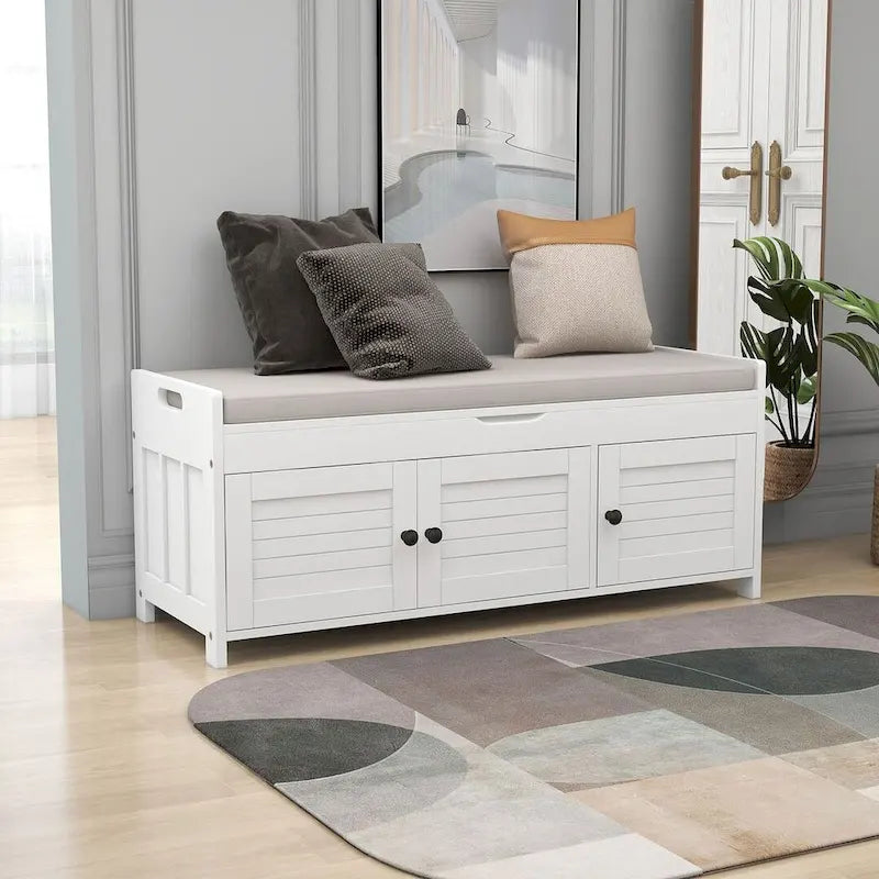 Banc à chaussures rembourré 3 portes de style rustique avec coussin amovible et espace de rangement dissimulé