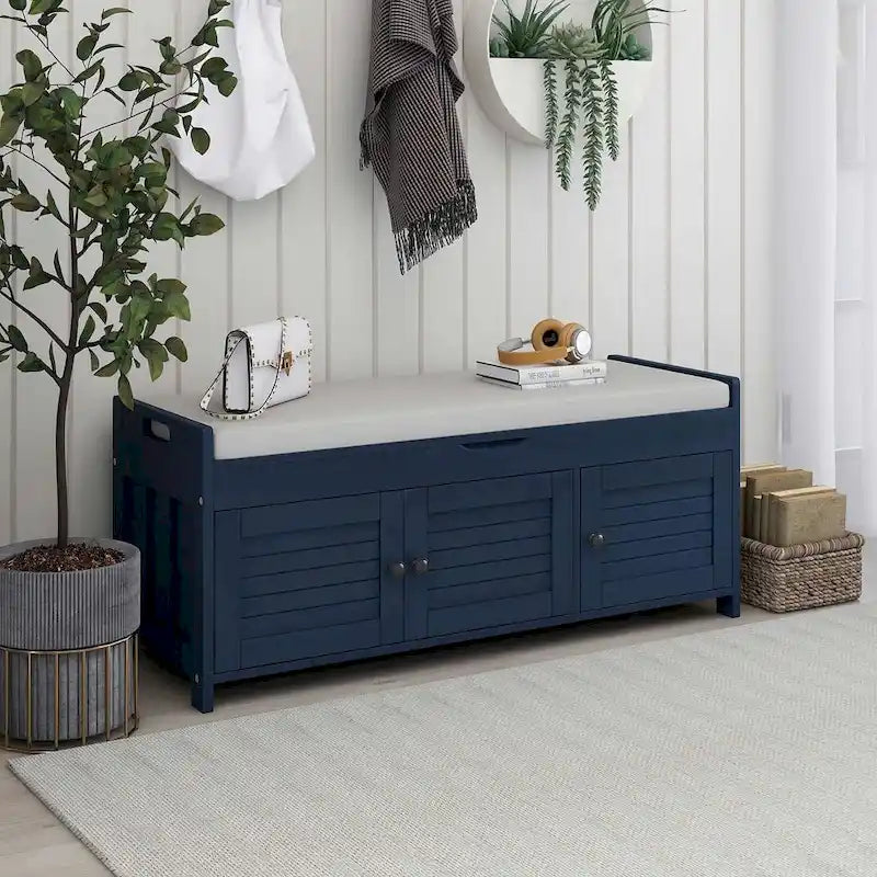 Banc à chaussures rembourré 3 portes de style rustique avec coussin amovible et espace de rangement dissimulé