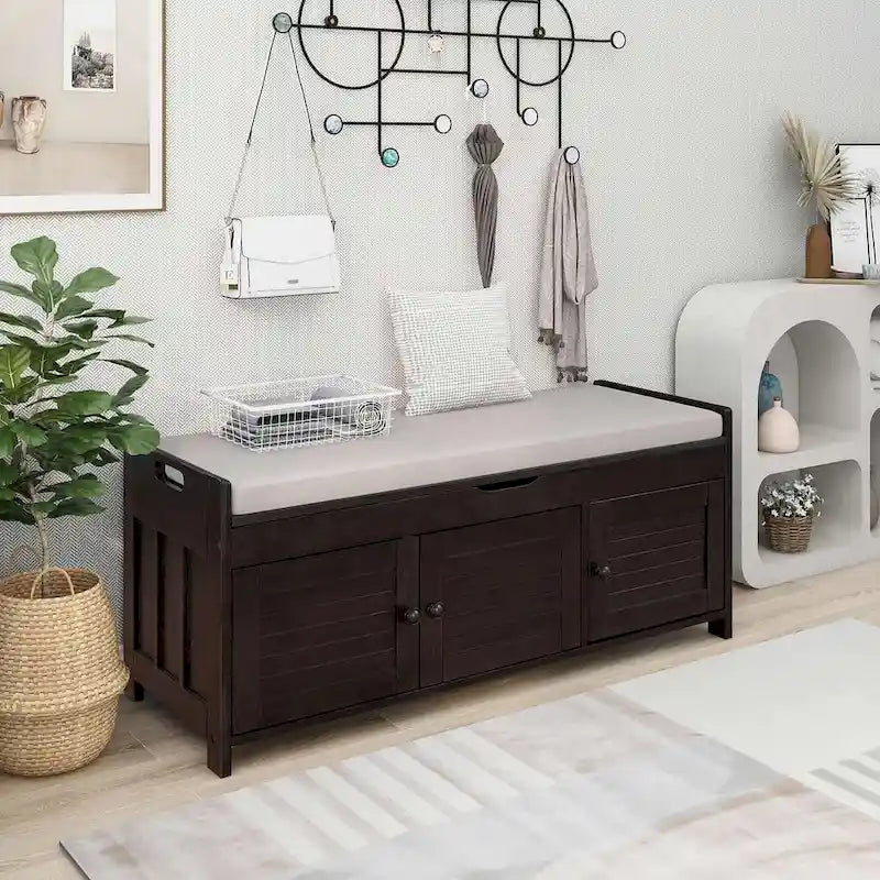 Banc à chaussures rembourré 3 portes de style rustique avec coussin amovible et espace de rangement dissimulé