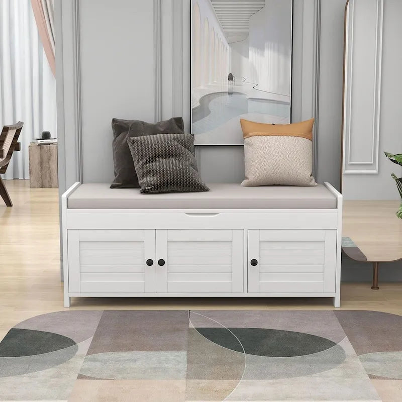 Banc à chaussures rembourré 3 portes de style rustique avec coussin amovible et espace de rangement dissimulé