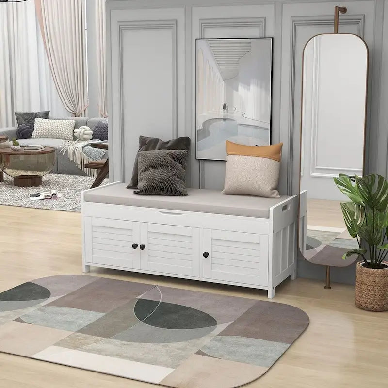 Banc à chaussures rembourré 3 portes de style rustique avec coussin amovible et espace de rangement dissimulé