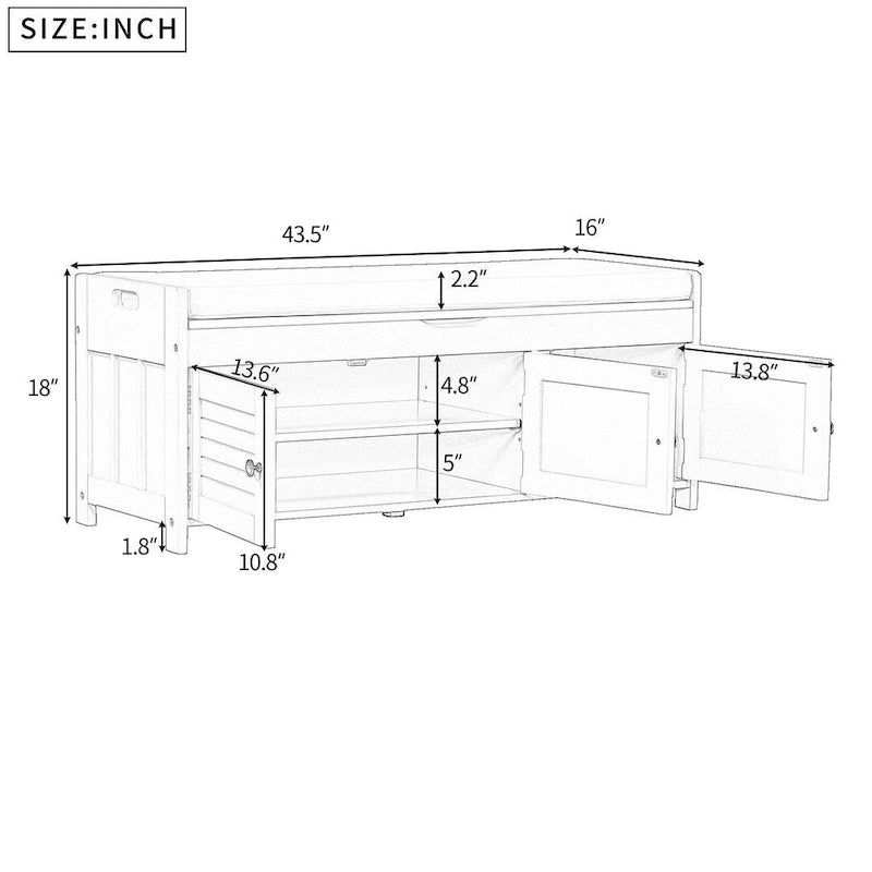 Banc à chaussures rembourré 3 portes de style rustique avec coussin amovible et espace de rangement dissimulé