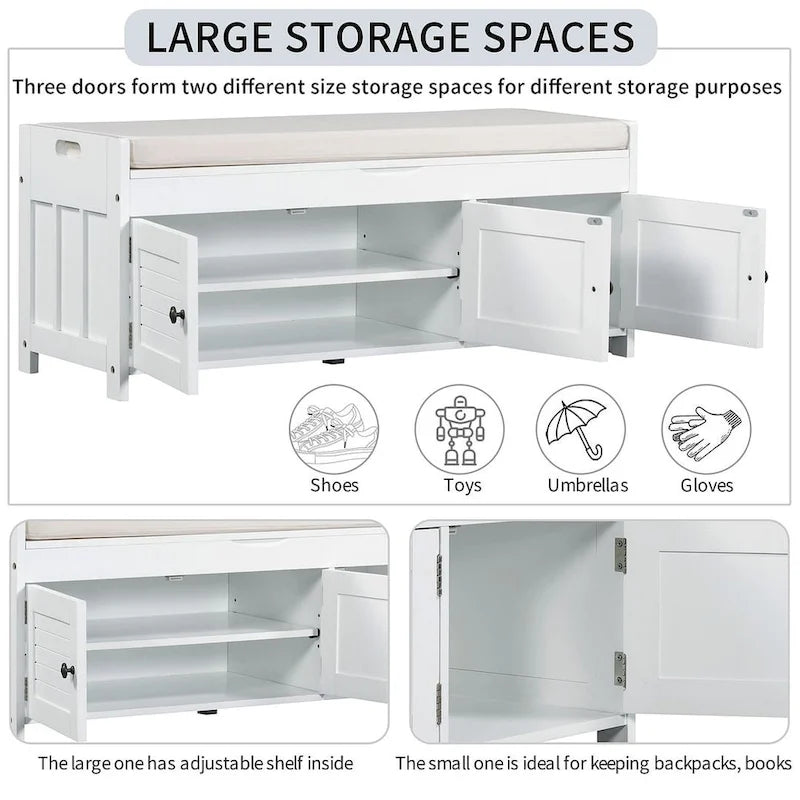 Banc à chaussures rembourré 3 portes de style rustique avec coussin amovible et espace de rangement dissimulé
