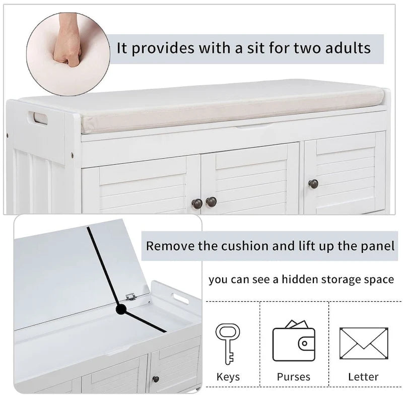 Banc à chaussures rembourré 3 portes de style rustique avec coussin amovible et espace de rangement dissimulé