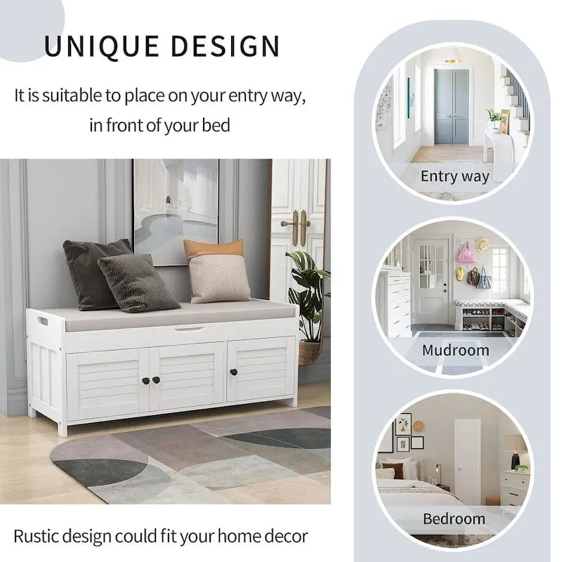Banc à chaussures rembourré 3 portes de style rustique avec coussin amovible et espace de rangement dissimulé